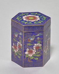 Cloisonne hexagon-shaped covered box; blue ground, bird above two blooming flowers repeated on each panel; light blue interior, gold detailing. Original from the Minneapolis Institute of Art.