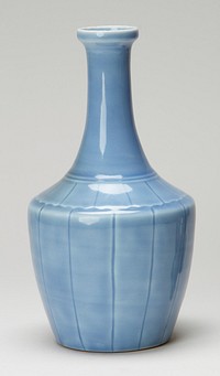 vase bottle-shaped, shouldered body and tall neck, molded underglazed flower petal design and incised lines running vertically down body; blue glazed porcelain. Original from the Minneapolis Institute of Art.