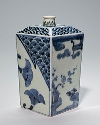sake bottle rectangular, blue and white Imari, with pine, bamboo and prunus branches; porcelain. Original from the Minneapolis Institute of Art.