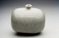 Vase barrel-shaped; incised underglazed design of waterfowl and grasses; porcelain, grey celadon. Original from the Minneapolis Institute of Art.