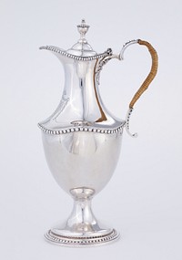 covered jug, silver, English, XVIIIc; George III vase-shaped hot water jug with beaded borders and contemporary armorials. Original from the Minneapolis Institute of Art.