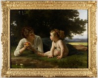 Mother and child seated in field with tree in background and water in foreground. The mother holds an apple in her hand. Original from the Minneapolis Institute of Art.