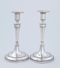 candlestick, one of a pair, plain, tapered, with beaded borders and detachable nozzles. Original from the Minneapolis Institute of Art.