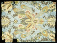 from a chair back upholstery; floral design with peacock feathers in peach, reds, green on gray-blue ground; patterned silk. Original from the Minneapolis Institute of Art.