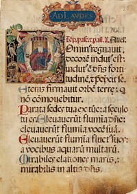 Recto has elaborate historiated initial of God enthroned, surrounded by animals, grotesques and female figures; the heading, 'AD LAUDES' is also illuminated. Original from the Minneapolis Institute of Art.