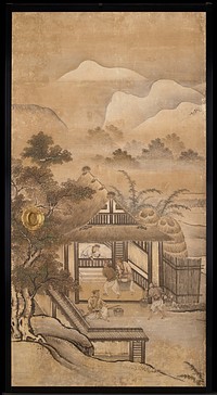 Unsigned; from the Saga Palace, Kyoto; figures inside a building, mountains in background. Original from the Minneapolis Institute of Art.