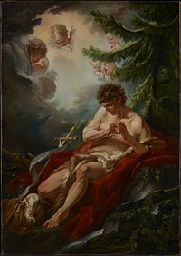 Saint John the Baptist in the Wilderness in a loin cloth reclining on red drapery under a tree by a stream with his hands clasped with the lamb and the cross by his side. in the clouds above are seven infant Angels' heads. Original from the Minneapolis Institute of Art.