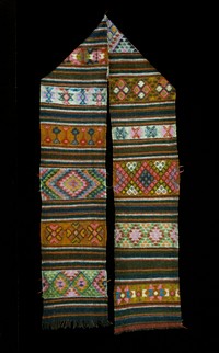 Yattha, single panel wool brocade on wool background; multicolored horizontal stripes with discontinuous supllementary patterns; fringe.. Original from the Minneapolis Institute of Art.