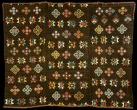 Yattha Charkhab; triple panel wool brocade on wool background; brown ground with multicolored discontinuous supplementary weft design; bound along non-selvedge edges with plaid cloth.. Original from the Minneapolis Institute of Art.