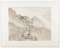 Mountain landscape with central tree; building at base of tree; two figures on mountain path, one mouted ,one walking carrying a pole. Original from the Minneapolis Institute of Art.