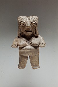 Standing female figure, solid burnished buff clay, arms at sides, incised necklace, hair and diamond eyes, West Mexican (Chupicuaro), 250 B.C.- 300 A.D.. Original from the Minneapolis Institute of Art.