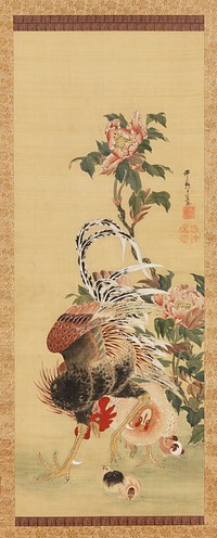 Rooster standing in wide stance, with head down by legs, watching a chick at bottom; hen and two other chicks to the R; flowering pink bush at R extending to top. Original from the Minneapolis Institute of Art.