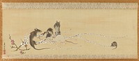 Five mice nibbling on long, thin branch of white rice-cake flowers at L; pink flowering sprig across white flowers at L; lone mouse nibbling on end of branch at far R; ivory roller ends. Original from the Minneapolis Institute of Art.