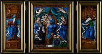 triptych, enamel on copper; the center panel holds images of the Madonna and Chld, St. John the Divine, St. Louis and Louise de Bourbon, an Abbess of Fontevrault; the left and right panels each contain an image of a prophet; inscriptions accompany each figure; at the bottom center of central panel is a white plaque, also bearing an inscription and coat of arms. Original from the Minneapolis Institute of Art.