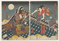 vertical ōban diptych; two figures engaged in a battle on a black, blue and white roof, with clouds below and moon in ULC; figure at left wears kimono with purple and gold fringes, and an orange headband tied at top forehead, and defends himself with a blue staff; figure at right is advancing with a sword, and wears a primarily red jacket with flowers and a blue flowered kimono; three rectangular and two round cartouches with text in ULC; four rectangular and two round cartouches with text on right panel--one in URC and the remainder in LLQ. Original from the Minneapolis Institute of Art.