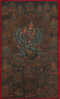 Rare black-ground thanka features the ferocious protective deity Vajrabhairava locked in cosmic embrace with his sakti, or female counterpart; he tramples birds, animals, demons and Hindu deities underfoot; his thirty-two secondary hands radiate around him, holding attributes; he wears garlands of severed human heads, skulls, and a five-skull tiara; central figures encircled by manifestations of the guardian Mahakala.. Original from the Minneapolis Institute of Art.