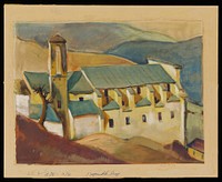 white church with blue roof; rust-colored hill, LLC, and blue, green and tan hills in background. Original from the Minneapolis Institute of Art.