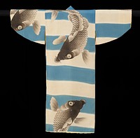 Silk kimono and vest; blue and white alternating bands; printed carp design at right angle to bands; yellow lining. Original from the Minneapolis Institute of Art.