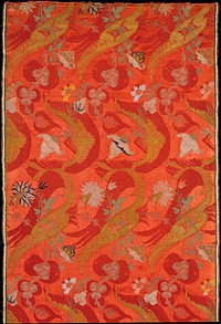 Bizarre brocade work, pink ground with red, gold, silver, and green floral decoration; silk, gold, and silver threads. Original from the Minneapolis Institute of Art.