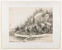 Forest landscape with building at upper right; path through forest leads to bridge over water; small figure on path; wall surrounding building and forest. Original from the Minneapolis Institute of Art.
