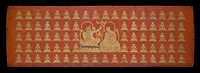 Wood plank painted red overall with 18 x 5 grid in gold; each compartment (except for central 12) filled with seated cross-legged figure in gold and black; 2 figures seated on lotus cushions at center in red, gold and black; one short side carved with scrolls and top half of demon face. Original from the Minneapolis Institute of Art.