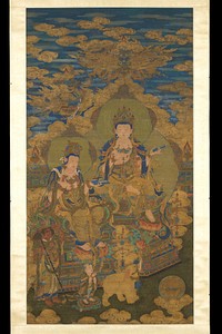 large Buddha at center holding a rolled scroll in his PL hand and seated on a lotus blossom throne; attendant figure at L holds a box in his PL hand and is seated on a smaller throne; 2 other smaller figures at LL corner; white elephant at bottom center. Original from the Minneapolis Institute of Art.