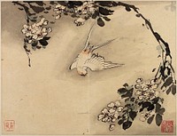 white swooping bird at center; curving flowering branch at top and right. Original from the Minneapolis Institute of Art.