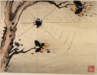 Spider at the center of a web with a flowering branch in front, across bottom and left edge. Original from the Minneapolis Institute of Art.