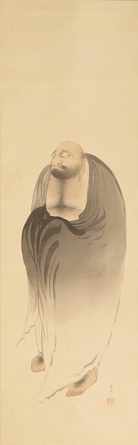 Heavy-set, nearly bald standing man wearing a grey drapery covering his entire body except his head, chest and feet; large, wide nose, scowling mouth, earrings, dark beard and chest hair and hair on top of feet. Original from the Minneapolis Institute of Art.