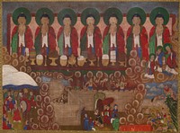 7 identical figures with black hair and thin green whiskers wearing red, green, blue and white robes; candles and food on long table; brown clouds divide lower scenes 12 men dancing and playing a drum and cymbals in LL corner; man tied to a bench being flogged by 2 men with 3 other figures and demons and flames behind wall at center; figure's being thrown by demon into pit of snakes at LR corner. Original from the Minneapolis Institute of Art.