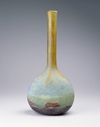 Glass vase with lozenge-shaped vase and long, slightly flaring neck; green, yellow and brown glass with acid etching; converted into table lamp with oval wood base; 3/31/00 lamp parts removed at request of C.Monkhouse, KK.. Original from the Minneapolis Institute of Art.