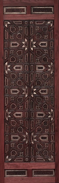 Door Panel, Mamluk dynasty, wood carved with geometric and arabesque patterns, inlaid with ivory. Panel has modern mount and is set in seperate base which has four small decorative wood panels inset. Remounted 1984.. Original from the Minneapolis Institute of Art.
