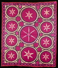 cream, magenta, black, orange and pink embroidery on natural cotton ground; red cotton binding around edge. Original from the Minneapolis Institute of Art.