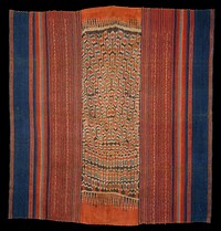 3 panels hand stitched together; ikat vertical stripes in rust, cream, indigo. Original from the Minneapolis Institute of Art.