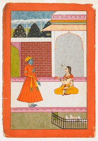 Krishna stands on left and converses with Radha, who is seated at our right. They are located within an Islamicate court with a landscape in the background and lambs at the lower right.. Original from the Minneapolis Institute of Art.