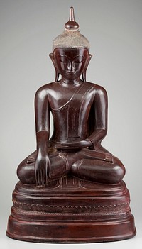 seated cross-legged Buddha with PR hand pointing downward and PL hand palm up on lap; head bent slightly downward, eyes closed; brownish-red color. Original from the Minneapolis Institute of Art.