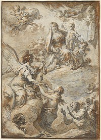 Mary seated on a cloud accompanied by many cherubs; cherubs in sky in ULC and drawing back a cloth in URC; angel at left with scales pulling up a woman while two men and other figures look on from bottom; sketchy style. Original from the Minneapolis Institute of Art.