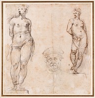 mounted on ivory paper with tan, grey and gold borders; two sketches of female statue in contrapposto pose at right and left edges of paper; central sketch of a bearded man wearing a cap at center bottom. Original from the Minneapolis Institute of Art.