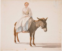 blonde woman with large, wide eyes and round face seated on a donkey; woman wears a white blouse and apron, yellow vest, long blue skirt, red shoes, red headband and white neckerchief trimmed in red; brown donkey wearing a harness. Original from the Minneapolis Institute of Art.