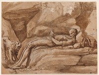 thin bearded man with long limbs, lying on rocks with head bent upward against rock-pillow, hands on abdomen and feet on ground; small roaring lion at right. Original from the Minneapolis Institute of Art.