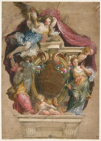 architectural element with cartouche with three short lines of text; musical allegorical female figures standing at right and left flanking cartouche and reclining at top left; two putti at bottom center and upper right; standing woman at left holds horn (or dagger?) and covers her face with grey drapery; lavender drapery swags hang at top; two colorful floral swags at top of cartouche. Original from the Minneapolis Institute of Art.