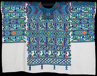 Three panel huipil; supplementary weft patterning covers 3/4 of the garment; elaborate embroidery encircles the neck opening and four "U" shapes extend from neck opening; white ground cloth with patterning primarily in green with accents in purple, blue, orange and red; design consists of rows of stylized bird and tree pattern alternating with rows of diamonds; four small 'twisted thread' motifs extend from lowest row of pattern (a signature of this town's style).. Original from the Minneapolis Institute of Art.