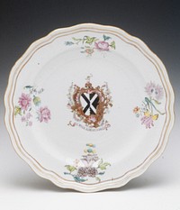 white glaze, centerfield with Coat of Arms of Scott, motto 'in Bona Eide et Veritate', border with floral sprays in colors, shaped rim with gilt and rust thread trim. Original from the Minneapolis Institute of Art.