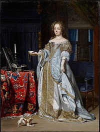 Portrait of a woman. Dutch golden age. A lady about thirty-four years of age with her fair hair in curls, stands full length at her toilet table, almost facing the spectator. She has a book in one hand and holds up her skirt with the other. She wears a light blue satin dress embroidered with gold lace. On the table, which is covered with a Turkey carpet, are a mirror, a silver box, and a candlestick. A spaniel frisks at her feet.. Original from the Minneapolis Institute of Art.
