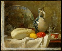 Still life with a cucumber, pitcher, platter, glassware.. Original from the Minneapolis Institute of Art.