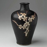 meiping shaped jar with short neck and slightly flaring lip; brown glaze with glaze resist and slip painted prunus sprays on each side. Original from the Minneapolis Institute of Art.