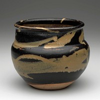 round bodied jar with wide mouth, slightly inverted neck; lighter brown interior with dark brown exterior with tan abstract brush strokes. Original from the Minneapolis Institute of Art.