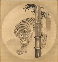 Tiger to the left of two bamboo; design within a circle, within a square; light blue floral design silk at top and bottom; brown floral design silk, middle; thin strip of dark blue floral design, top and bottom of image; has scroll box. Original from the Minneapolis Institute of Art.