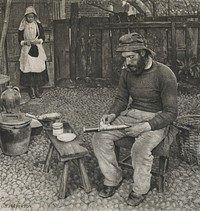 yard with seated man in foreground, wearing a hat, sweater and pants and smoking a pipe, wiping off a telescope in his lap; girl wearing black dress, bonnet and apron in ULC. Original from the Minneapolis Institute of Art.