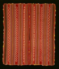 two 4 selvage pieces sewn together; warp ikat patterning and complementary warped faced patterned bands and added fringe of orange, yellow, brown and black. Original from the Minneapolis Institute of Art.